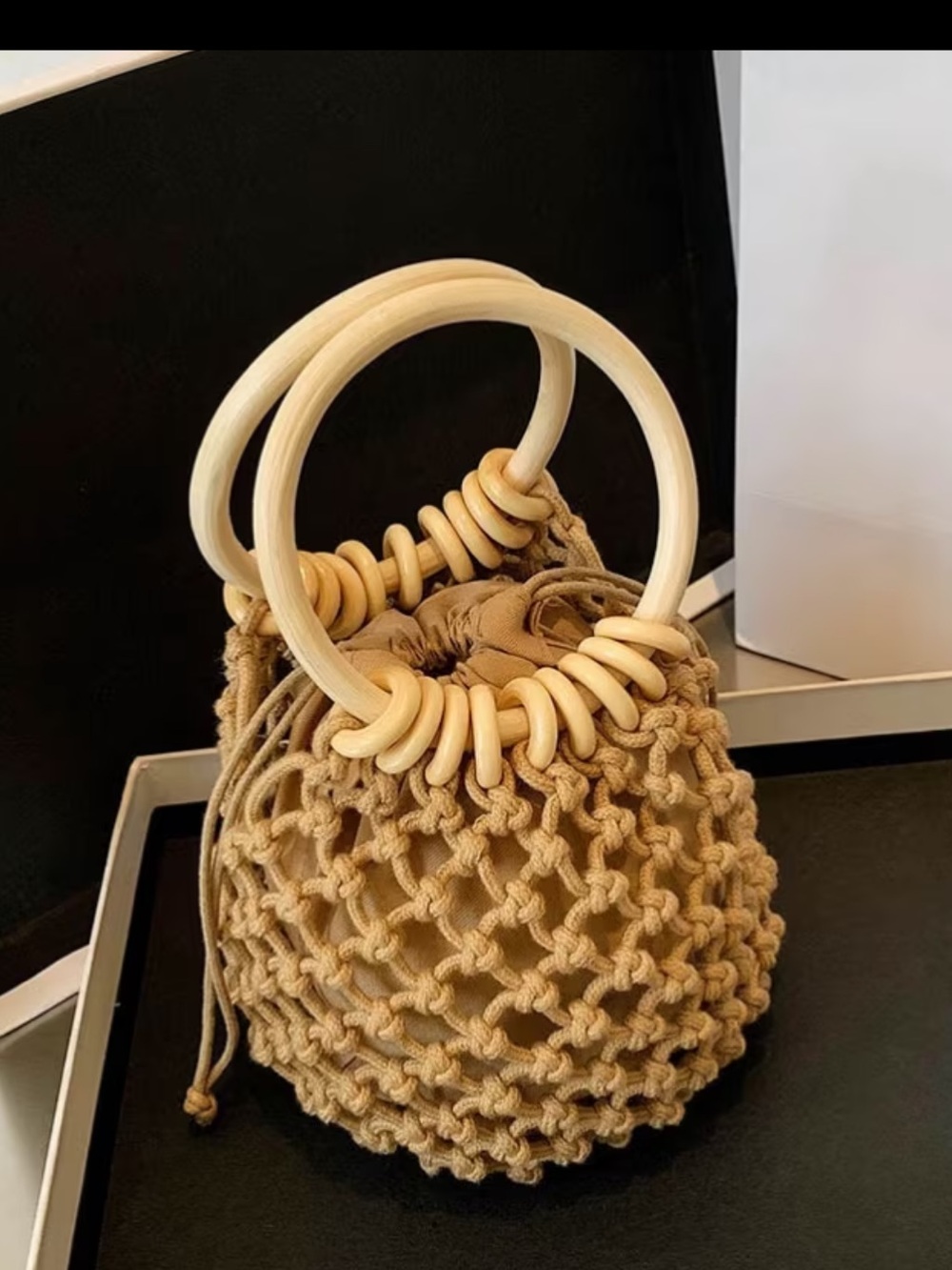Affordable Fashion Finds Natural Beige Macramé Mini Bag with Wooden Rings - Picture 2 of 6